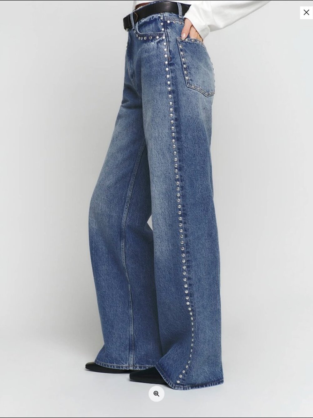 Reformation High-Rise Wide-Leg Jeans in Medium Blue with Stud Detail